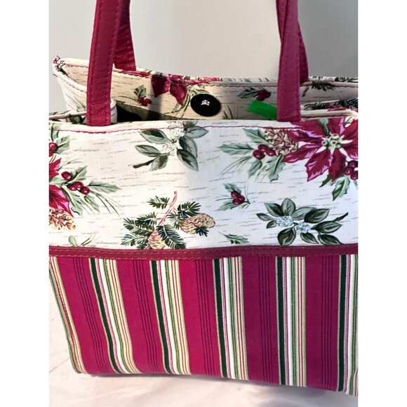 Longaberger Holiday Poinsettia Tote Bag Magnetic Handle Snap Closure Bow Accent - Picture 2 of 10